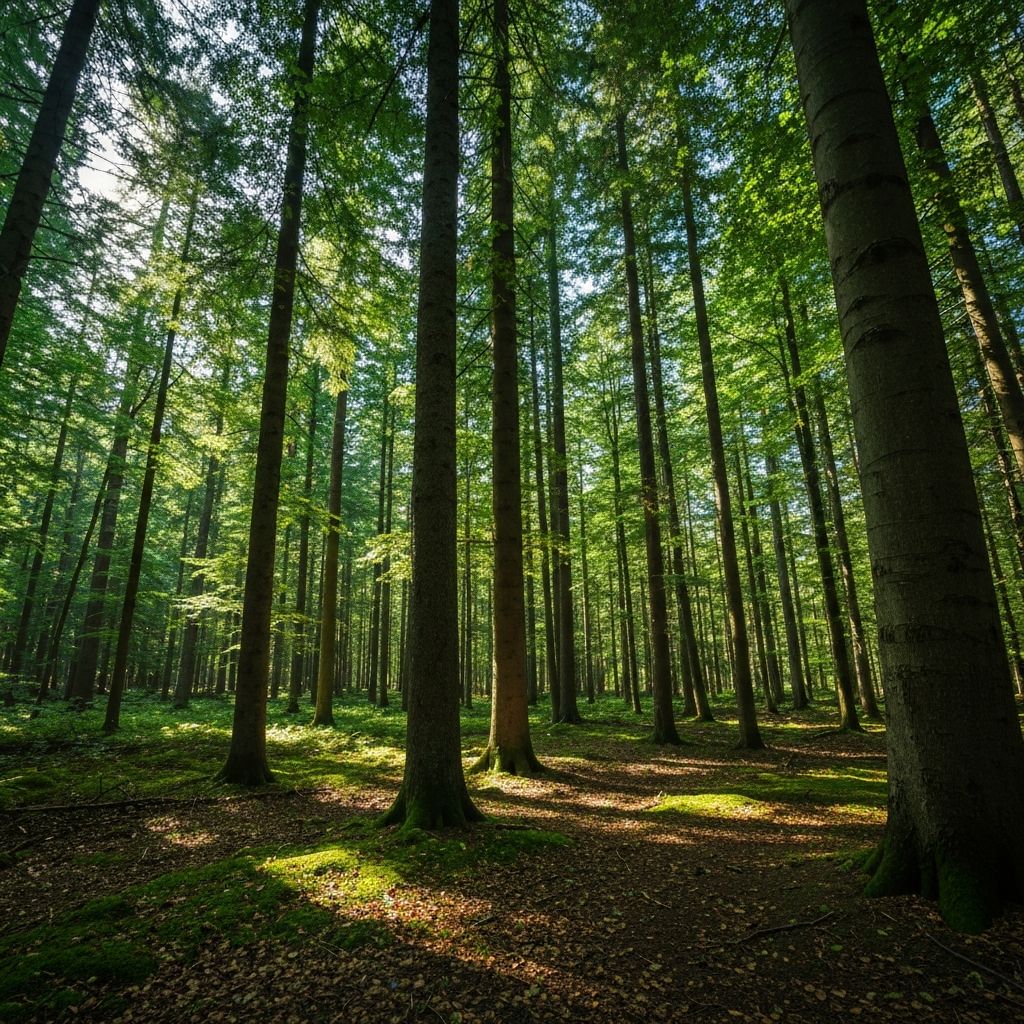 Standing among tall green trunks with firm ground and cool forest air